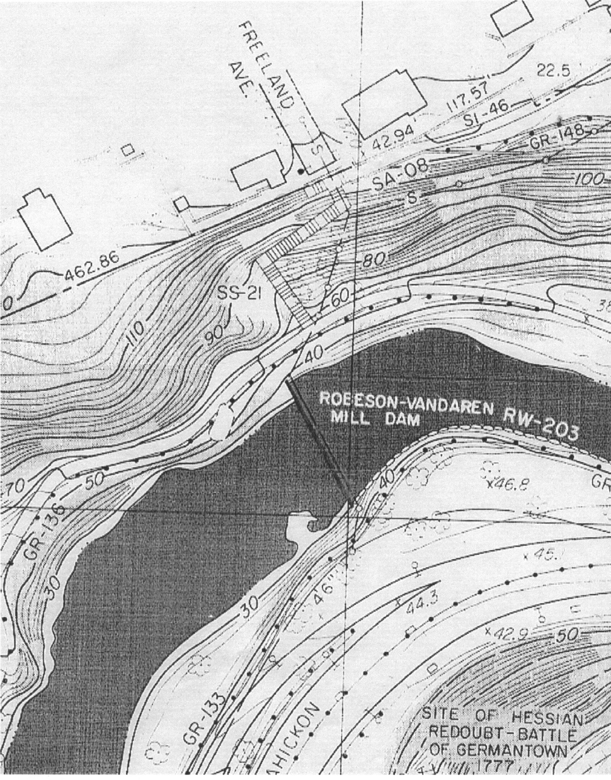 This is a detail from what appears to be a surveyor's map of the dam in front of the Hundred Steps. Who knew it was named the Robeson-Vandaren Mill Dam? Note the site of the Hessian Redoubt from the 1777 Battle of Germantown.