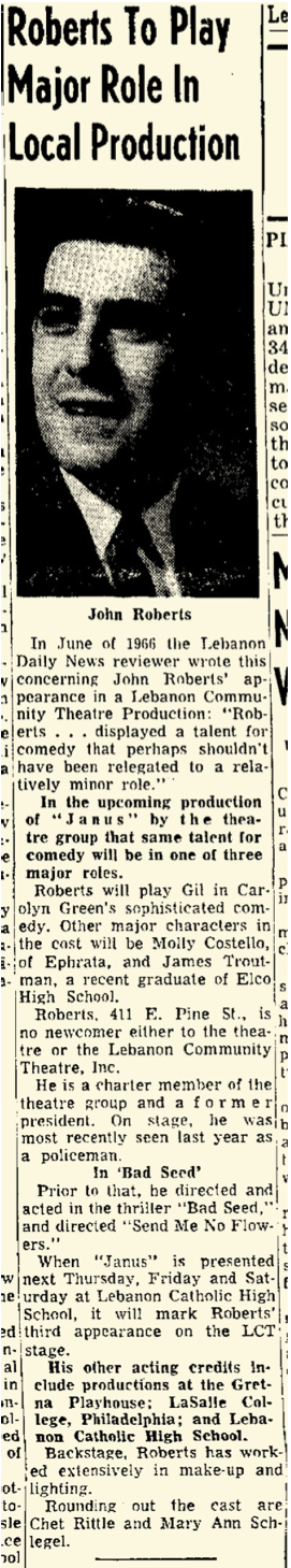 The Lebanon Daily News was good about giving LCTI publicity for its productions. This piece ran in the June 19, 1967 edition, three days before the opening night.