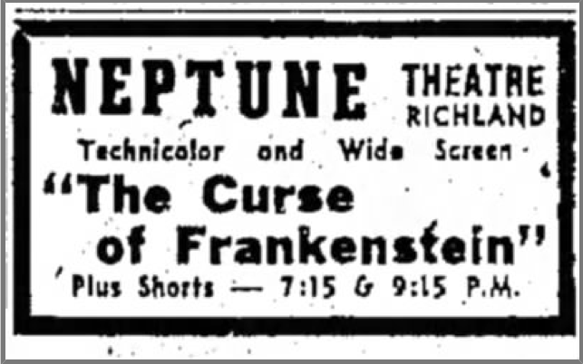 Ad for the showing of The Curse of Frankenstein at the Neptune Theatre in the December 11, 1957 edition of the Lebanon Daily News