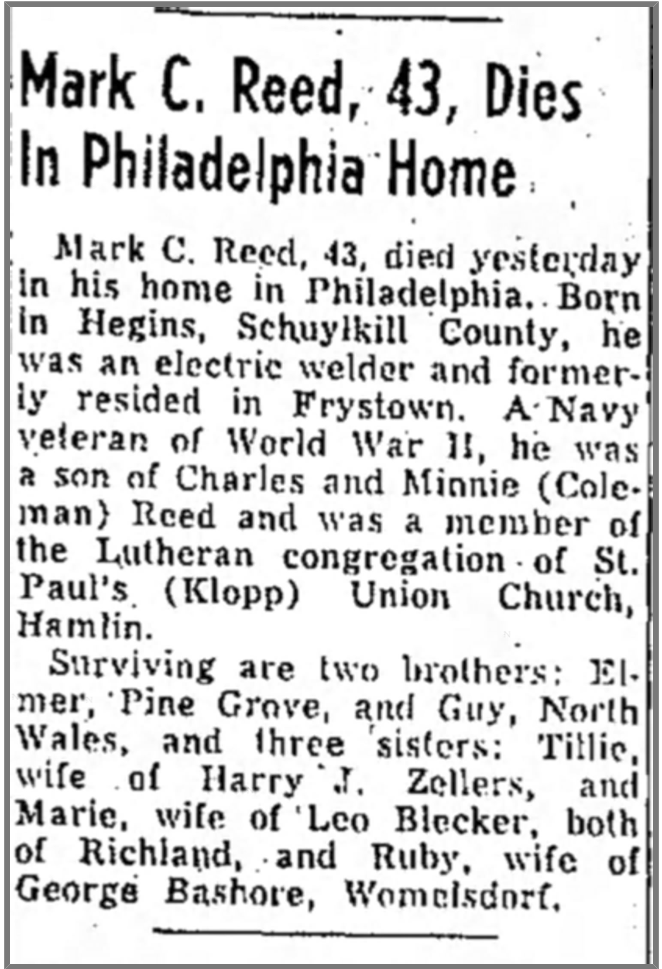 This death notice from the Lebanon Daily News of April 2, 1952, incorrectly states that Mark Reed died in his home, when he actually died on the streets on Philadelphia